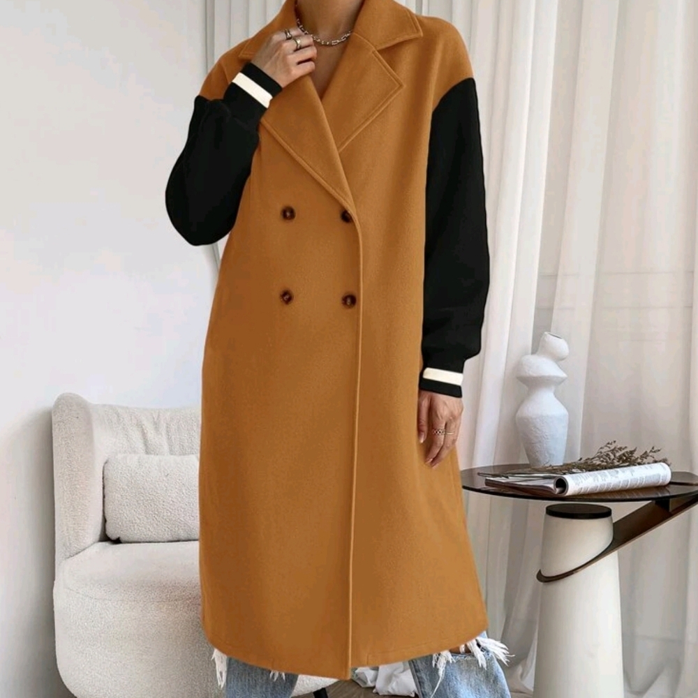 Colorblock Drop Shoulder Double Breasted Overcoat - Picture 5 of 5